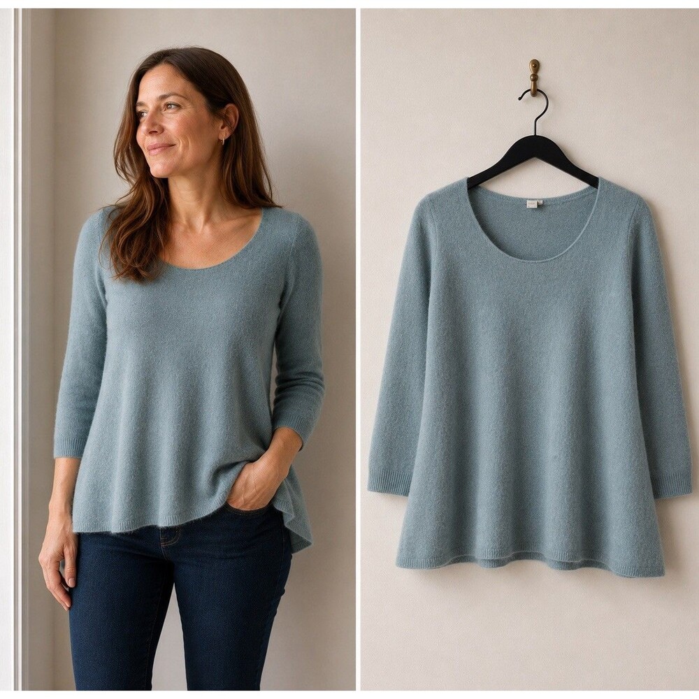 Poetry 100% Cashmere Swing Sweater Blue Gray Scoop Neck Soft Knit US 4 UK 8